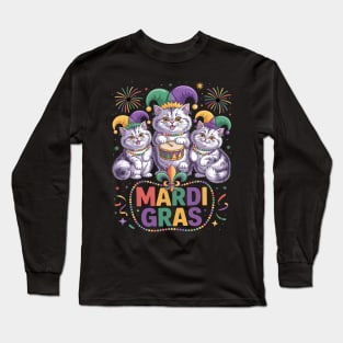 Mardi Gras Three Cute British Longhair Cats Masked Beads Long Sleeve T-Shirt